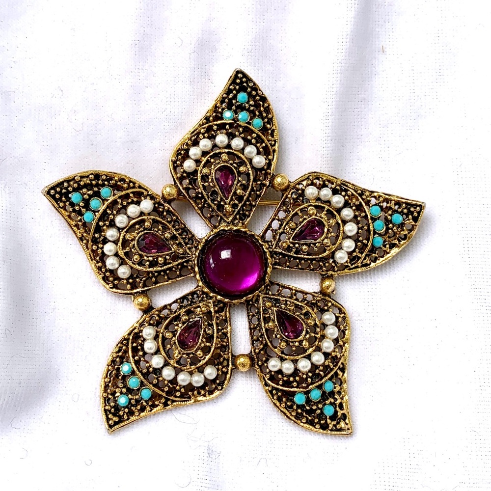 Rare Rachel Abroms Starfish Brooch Gold tone Purple Faux Turquoise Pearl